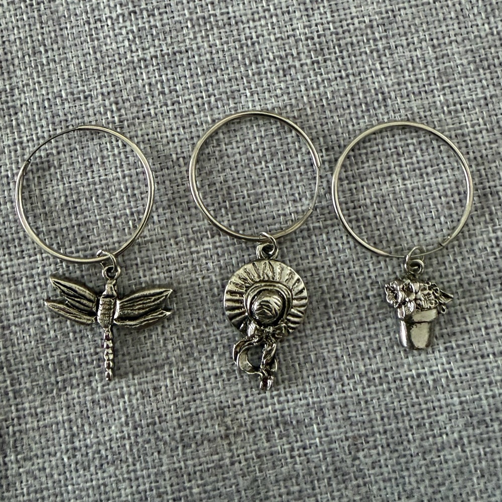 Garden-Themed Wine Glass Charms Set of 3 | Dragonfly /Hat / Flower Pot